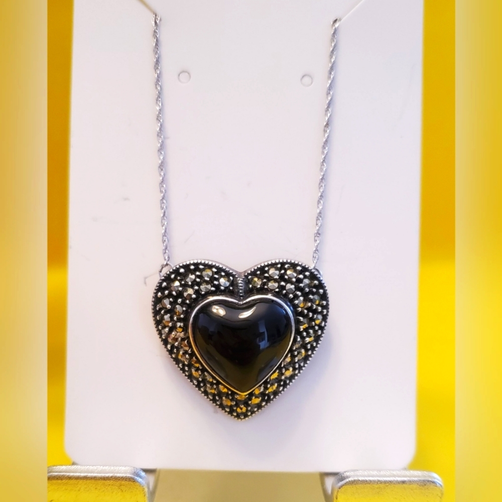 Marcasite Black Onyx Rhinestone Heart Pendant Necklace